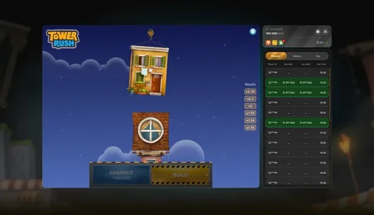 Tower Rush night round — building the tower with the results feed