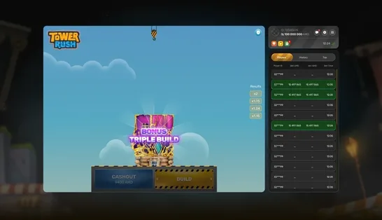 Tower Rush gameplay — stacking floors and the live multipliers