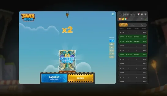 Tower Rush crash game — tower climbing higher for a bigger multiplier