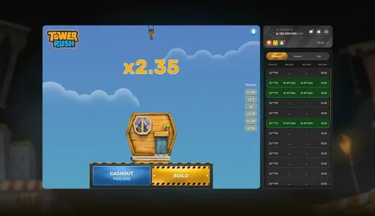 Tower Rush gameplay — city backdrop with the crane placing a floor