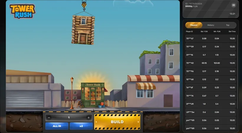 Tower Rush gameplay — BUILD button placing a new floor