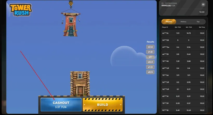 Tower Rush gameplay — CASHOUT button locking the multiplier