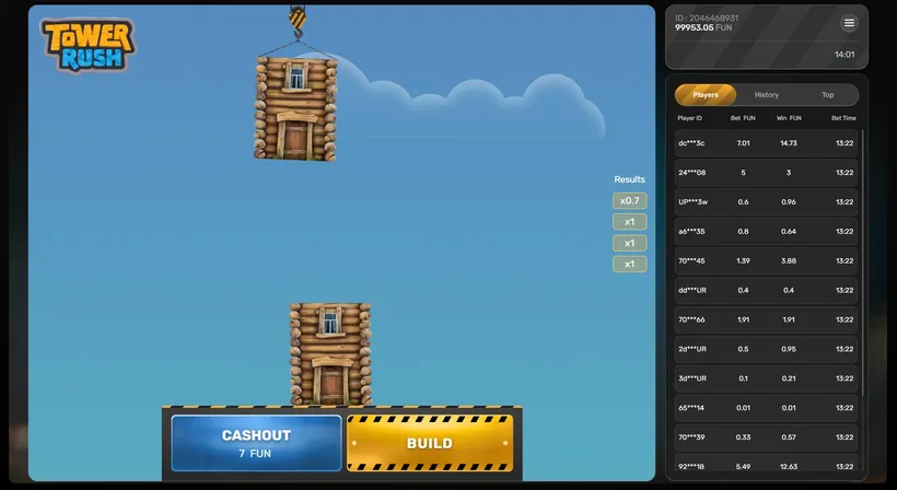 Tower Rush demo — practising the tower and cash-out timing before real money
