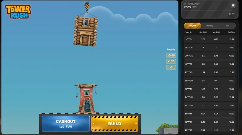 Tower Rush on mobile in India — vertical layout with BUILD and CASHOUT