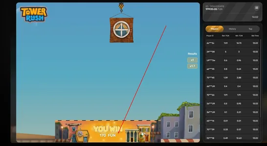 Tower Rush provably-fair round in progress